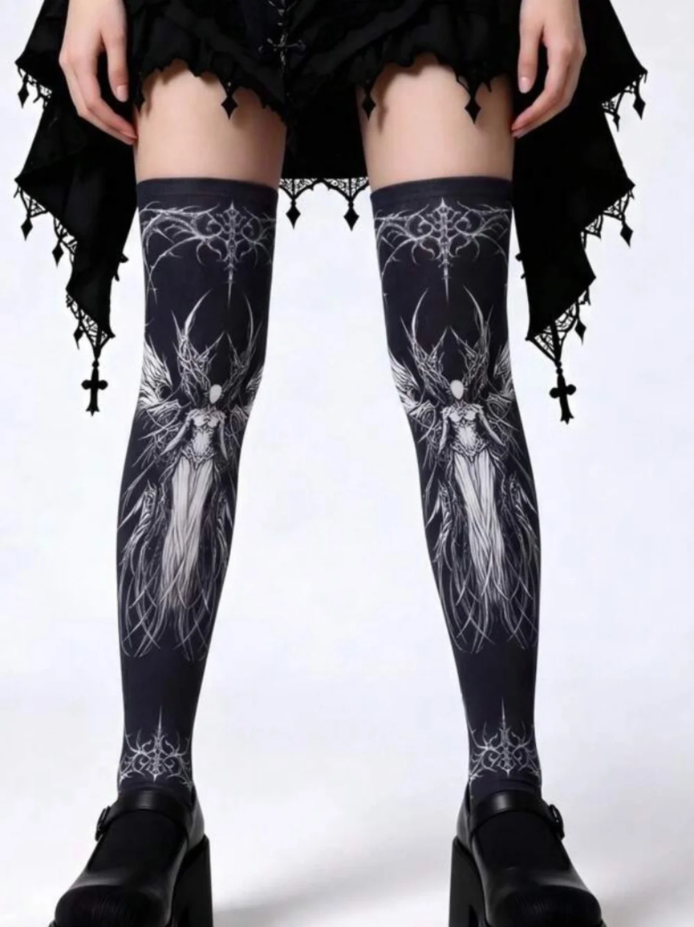 Gothic Angel Graphic Over-the-Knee Tights - Black/White